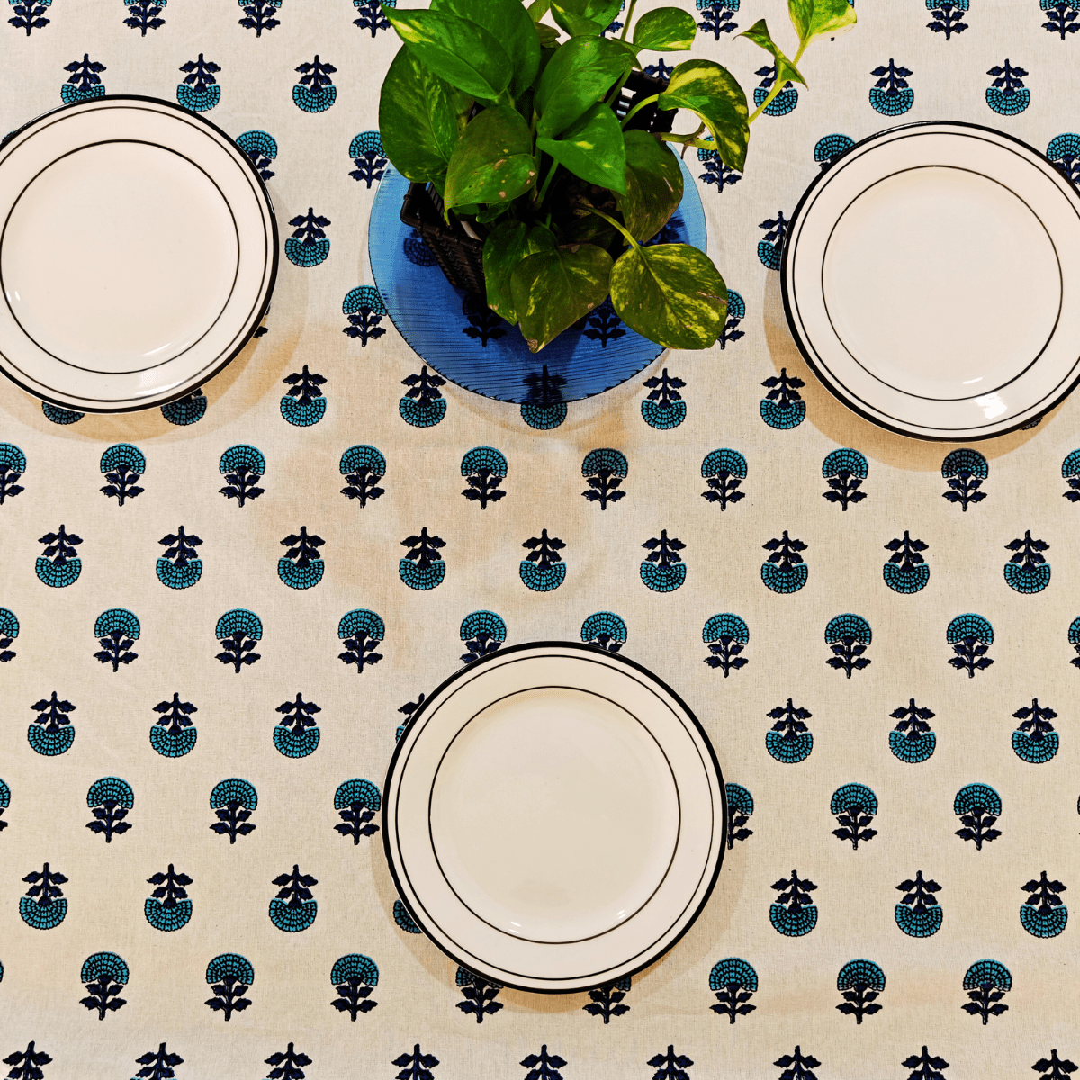 Opal 6 Seater Dining Table Cover, Block Print, 100% Cotton, 60" x 90" - Coral Slub -